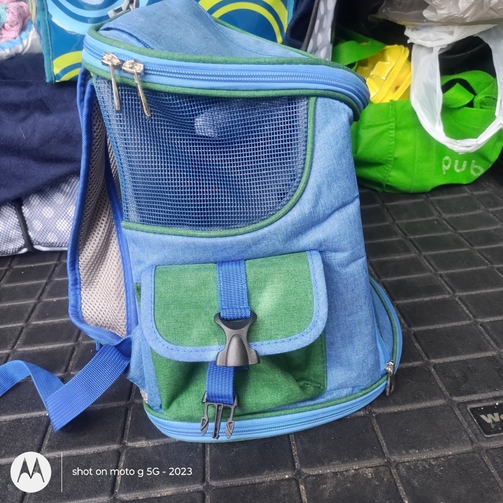 Blue Green Pet Carrier Backpack for Small Dogs Cats Mesh Travel Bag with Tether - Picture 2 of 5
